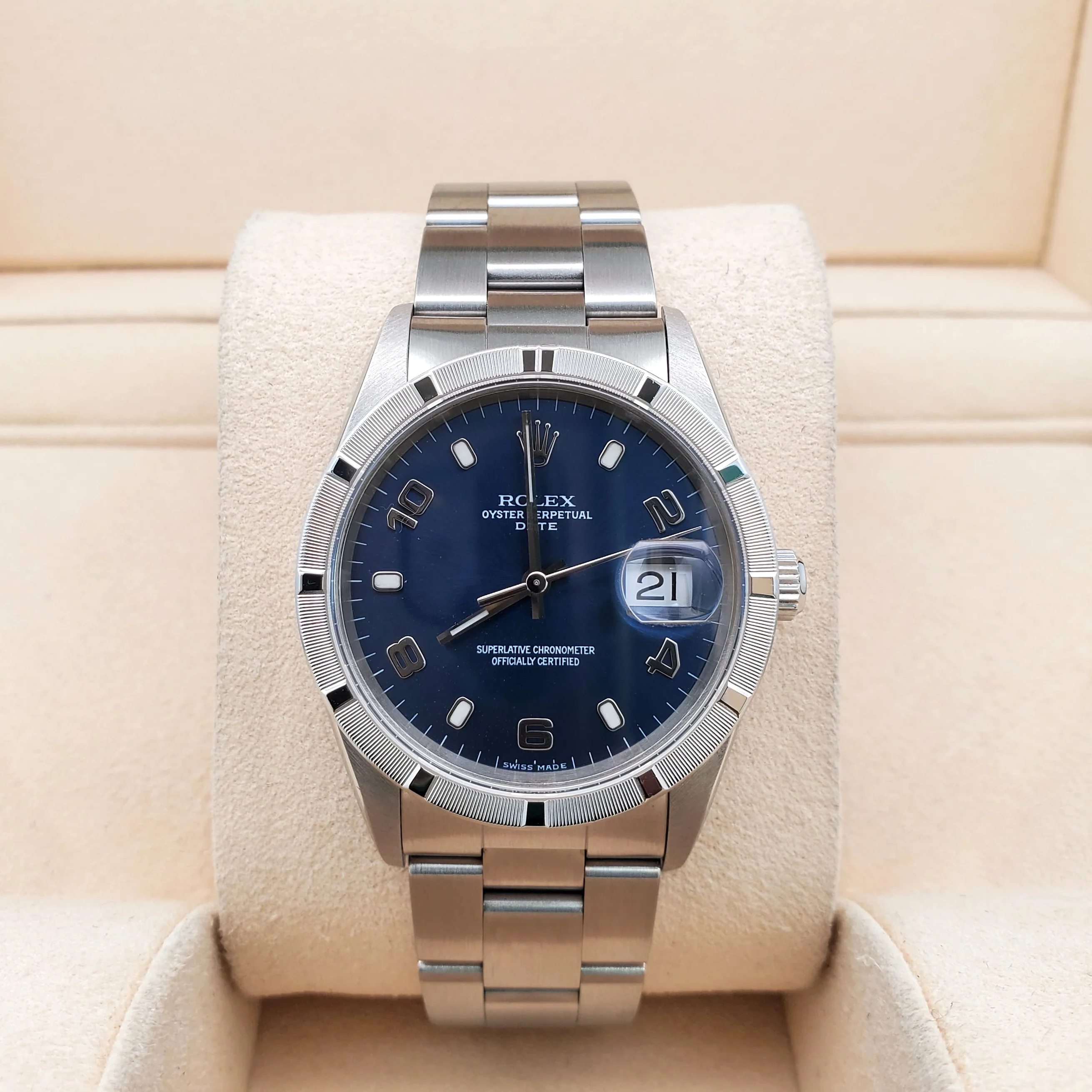 Rolex Date 34mm Blue Arabic Dial Engine Turned Bezel Steel Oyster Watch 15210 - Image 4