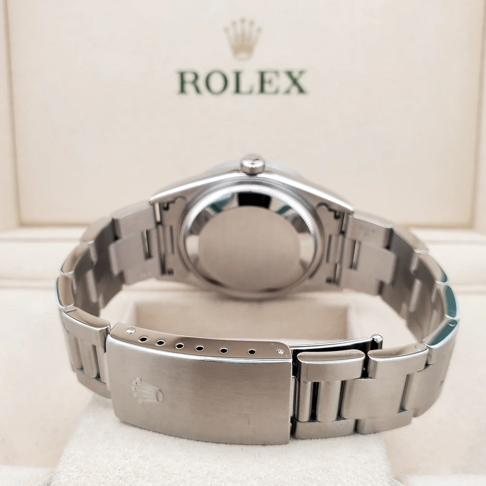 Rolex Date 34mm Blue Arabic Dial Engine Turned Bezel Steel Oyster Watch 15210 - Image 6