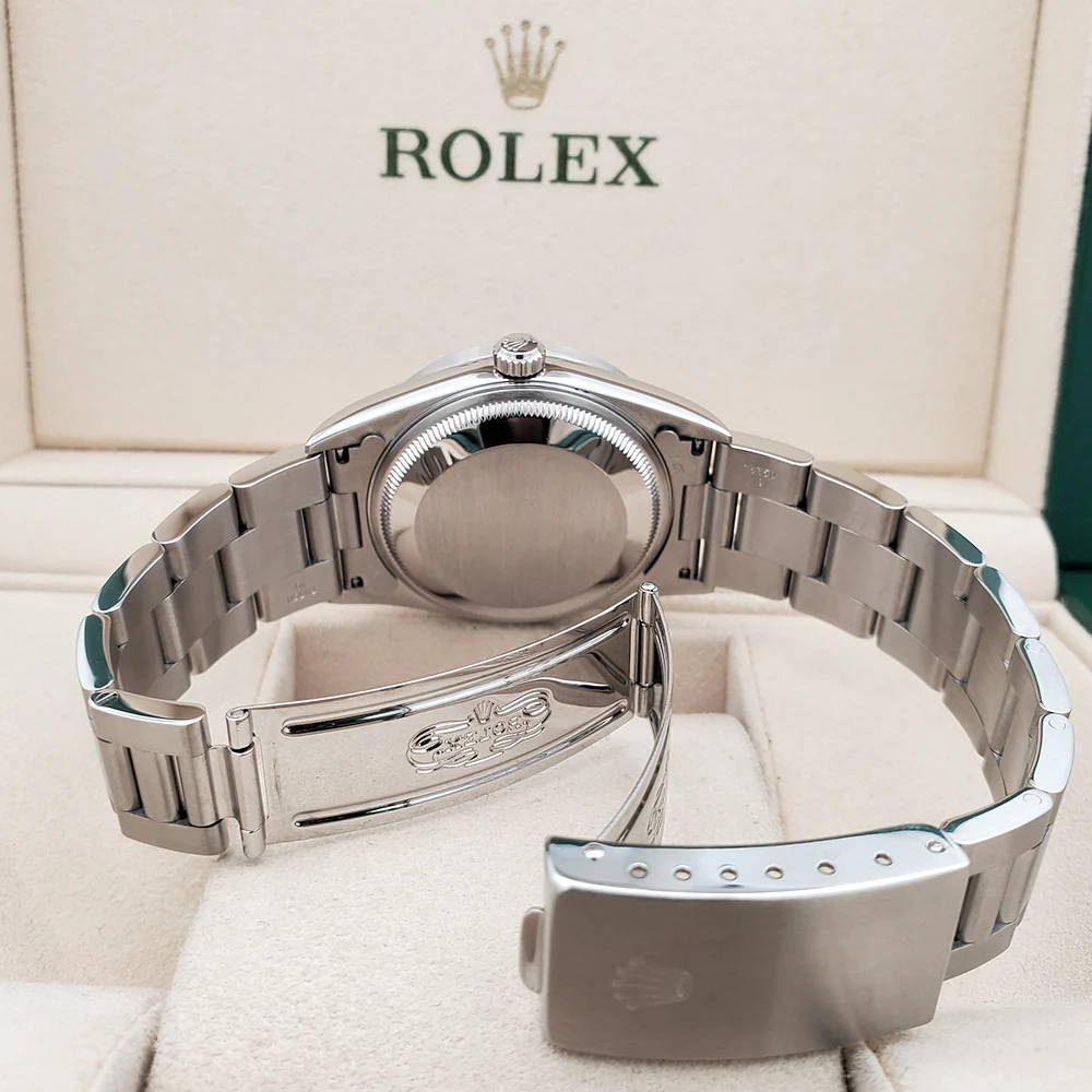 Rolex Date 34mm Blue Arabic Dial Engine Turned Bezel Steel Oyster Watch 15210 - Image 7