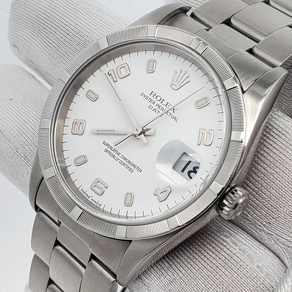 Rolex Date 34mm White Arabic Dial Engine Turned Bezel Steel Oyster Watch 15210