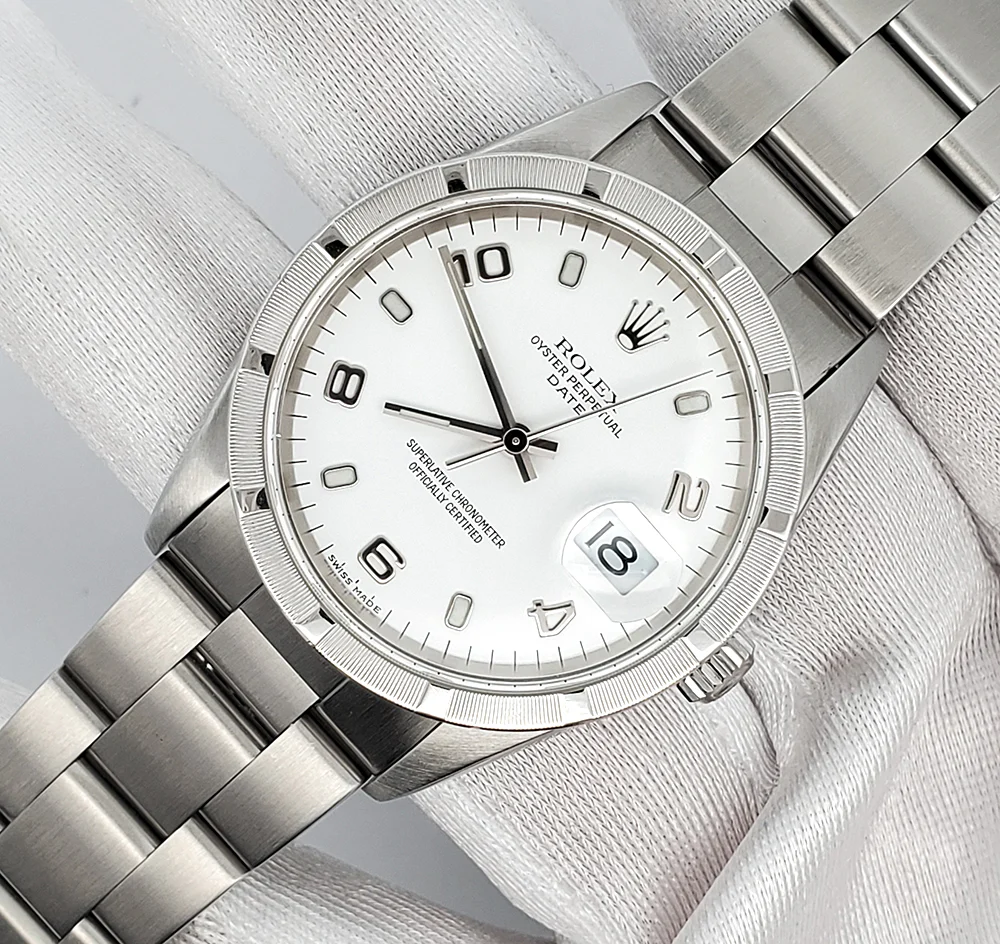 Rolex Date 34mm White Arabic Dial Engine Turned Bezel Steel Oyster Watch 15210 - Image 2