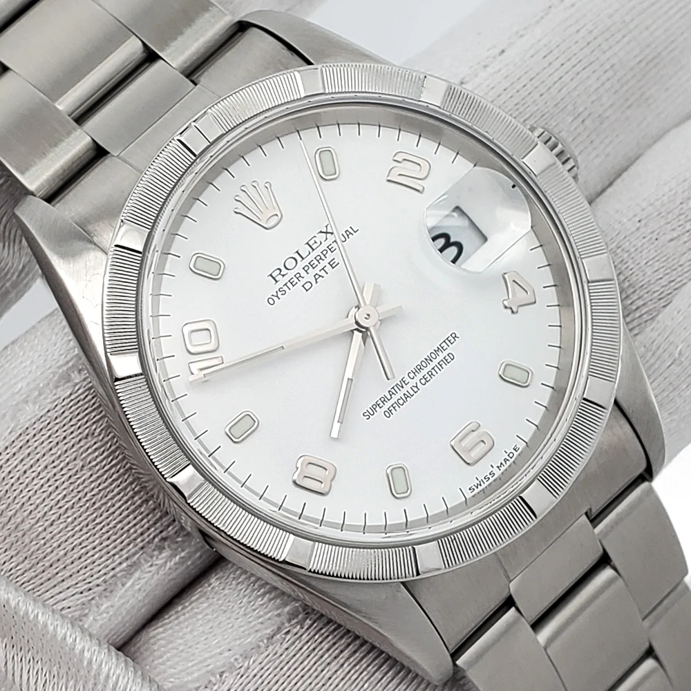 Rolex Date 34mm White Arabic Dial Engine Turned Bezel Steel Oyster Watch 15210 - Image 3