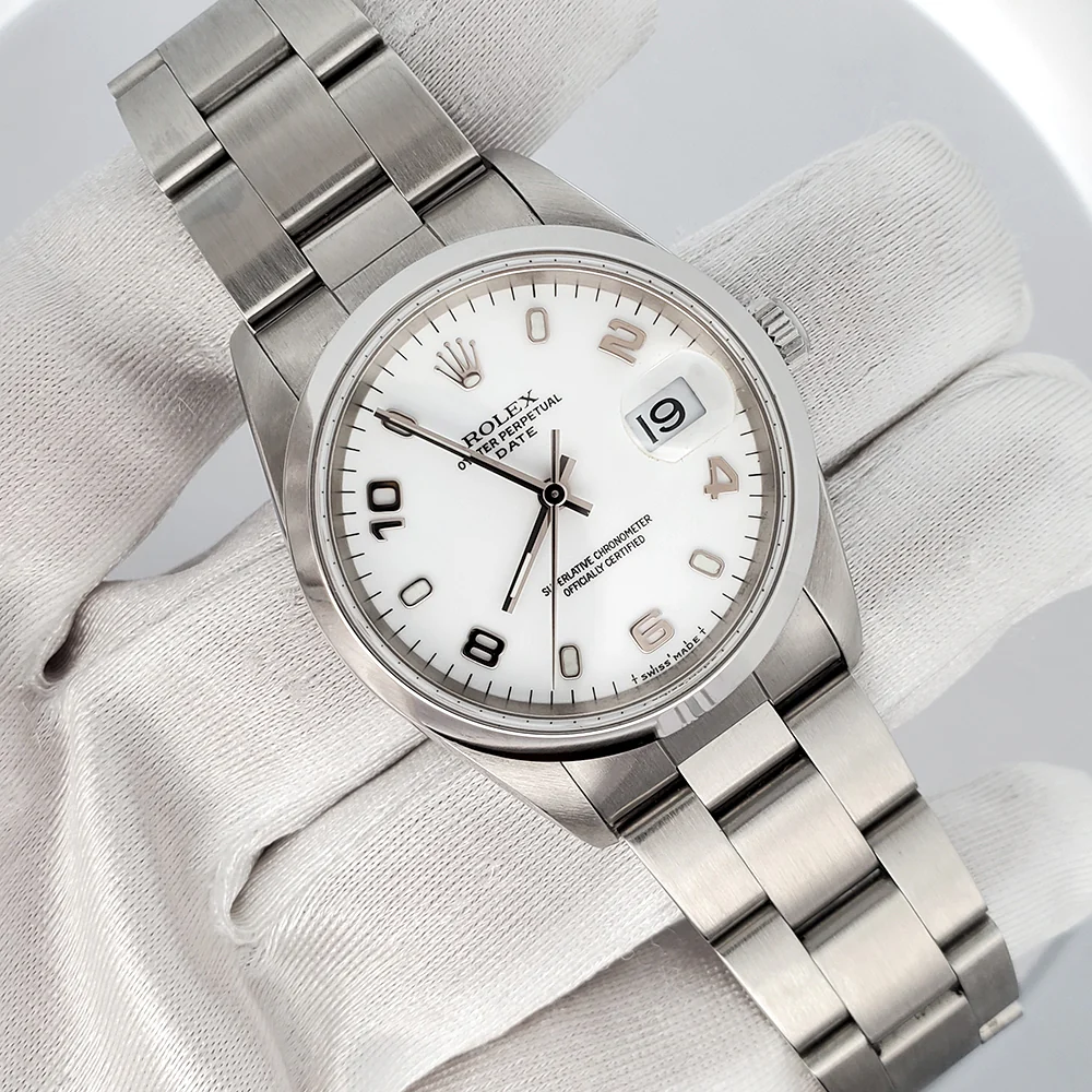 Rolex Date 34mm White Arabic Dial Steel Oyster Watch 15200 - Image 3