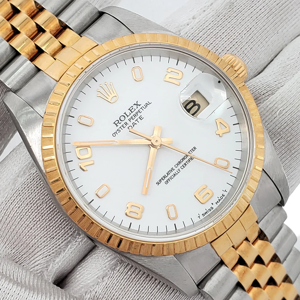 Rolex Date 34mm White Arabic Index Dial 2-Tone Yellow Gold/Steel Jubilee 15223 Watch - Image 3