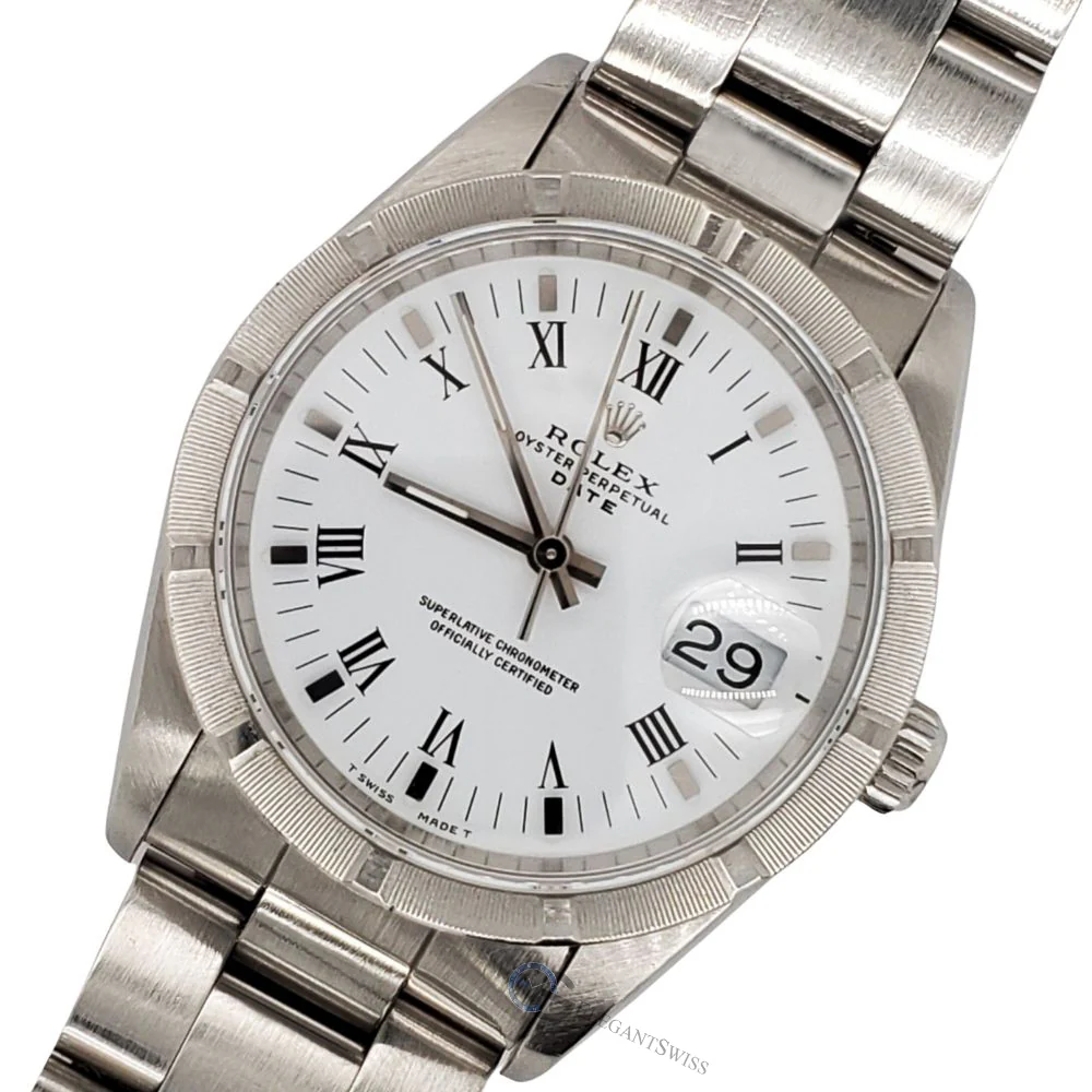 Rolex Date 34mm White Dial Engine Turned Bezel Oyster Watch 15210 Box Papers