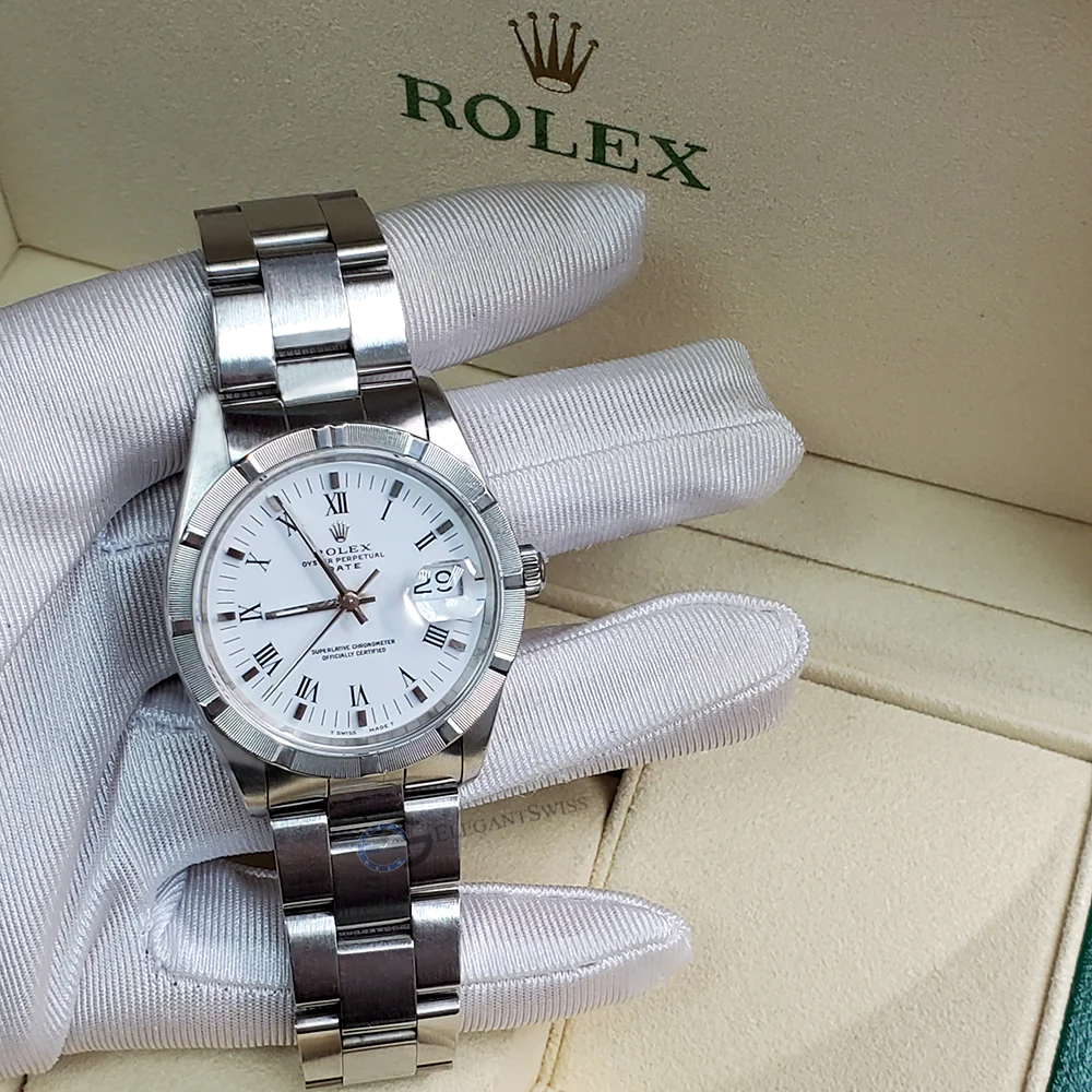 Rolex Date 34mm White Dial Engine Turned Bezel Oyster Watch 15210 Box Papers - Image 2