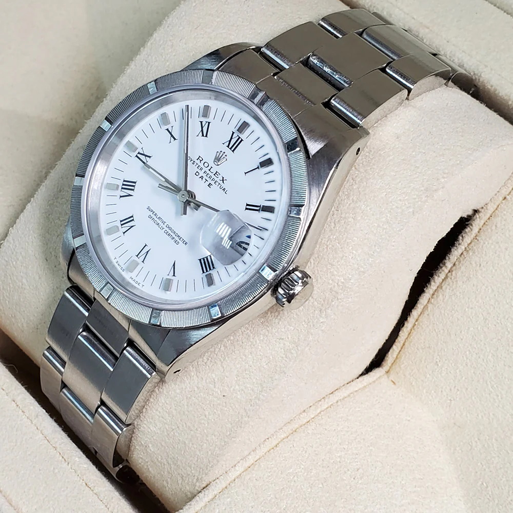 Rolex Date 34mm White Dial Engine Turned Bezel Oyster Watch 15210 Box Papers - Image 3