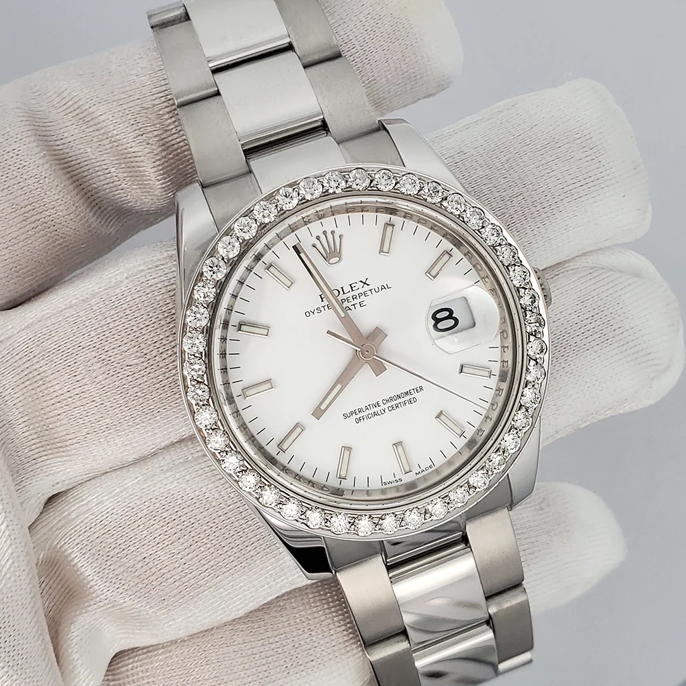 Rolex Date 34mm White Index Dial Diamond Bezel Steel Oyster Watch 115210 Box Papers - Image 2