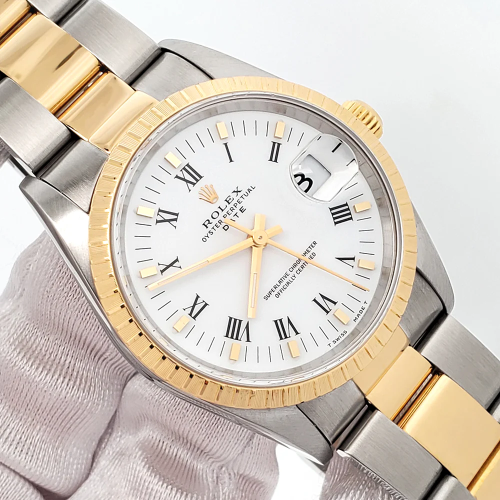 Rolex Date 34mm White Roman Dial 2-Tone Yellow Gold/Steel Oyster 15223 Watch - Image 2