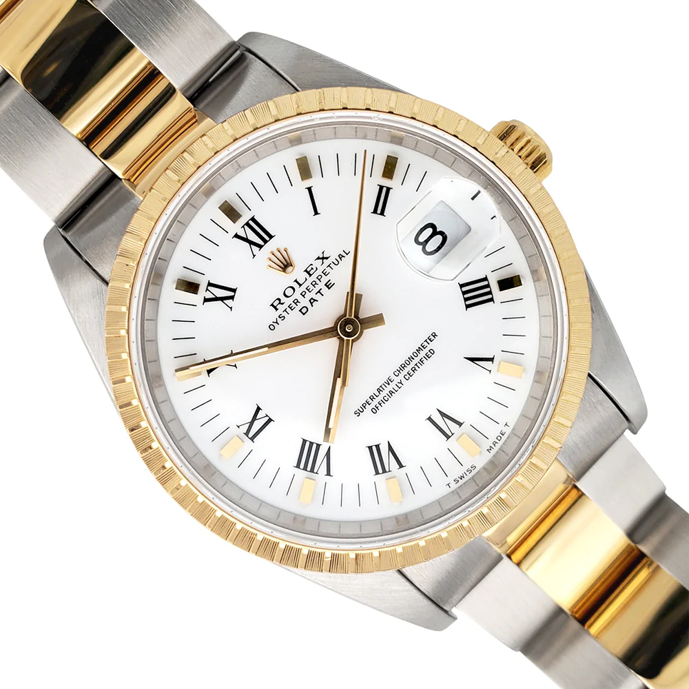 Rolex Date 34mm White Roman Dial 2-Tone Yellow Gold/Steel Oyster 15223 Watch - Image 3