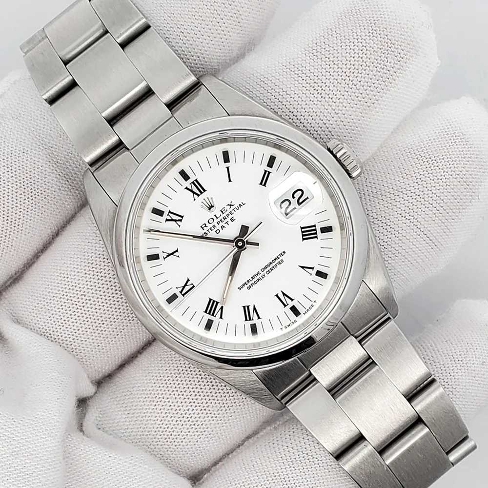 Rolex Date 34mm White Roman Smooth Bezel Steel Watch 15200 - Image 3