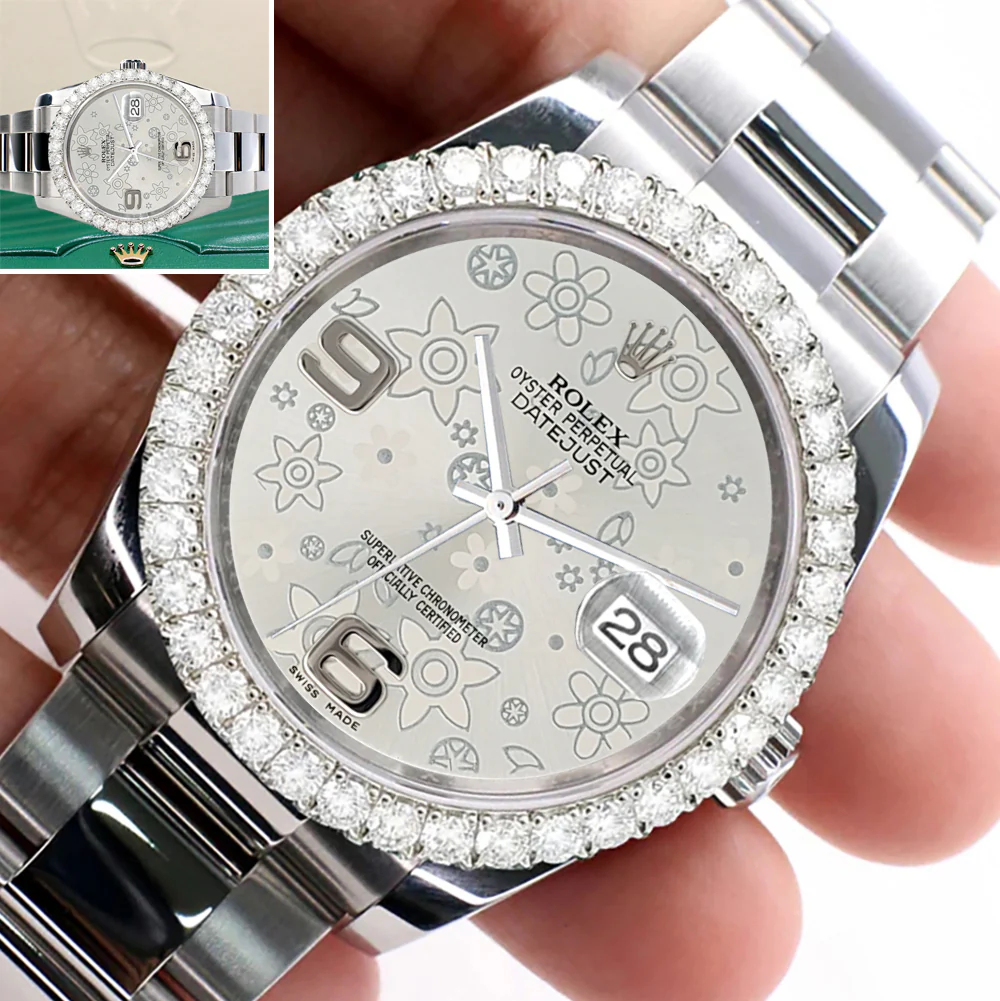 Rolex Datejust 116200 36mm 2.7ct Diamond Bezel/Silver Floral Dial Steel Oyster Watch