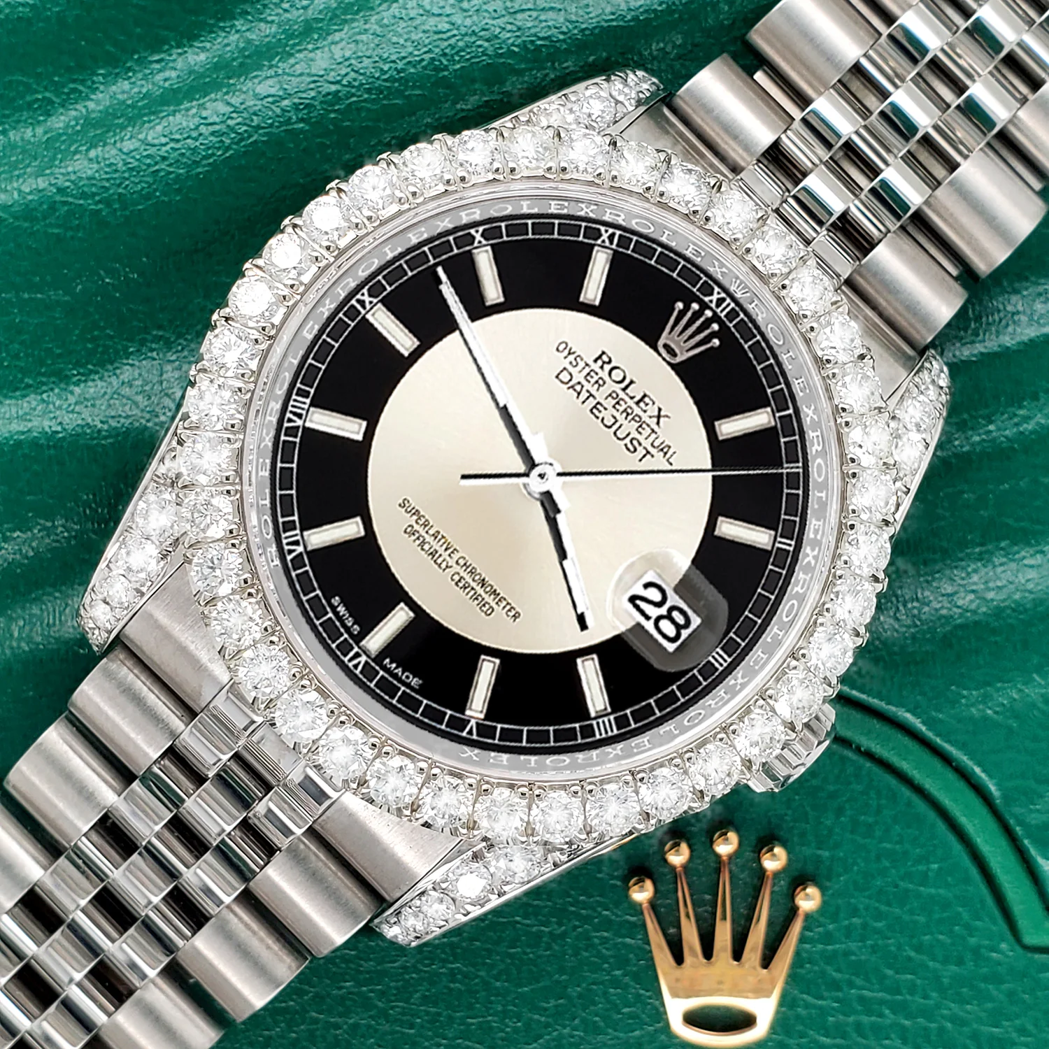Rolex Datejust Black Tuxedo "Bullseye" Index Dial Watch 116200 36mm 3.9CT Diamond Bezel/Lugs Box & Appraisal