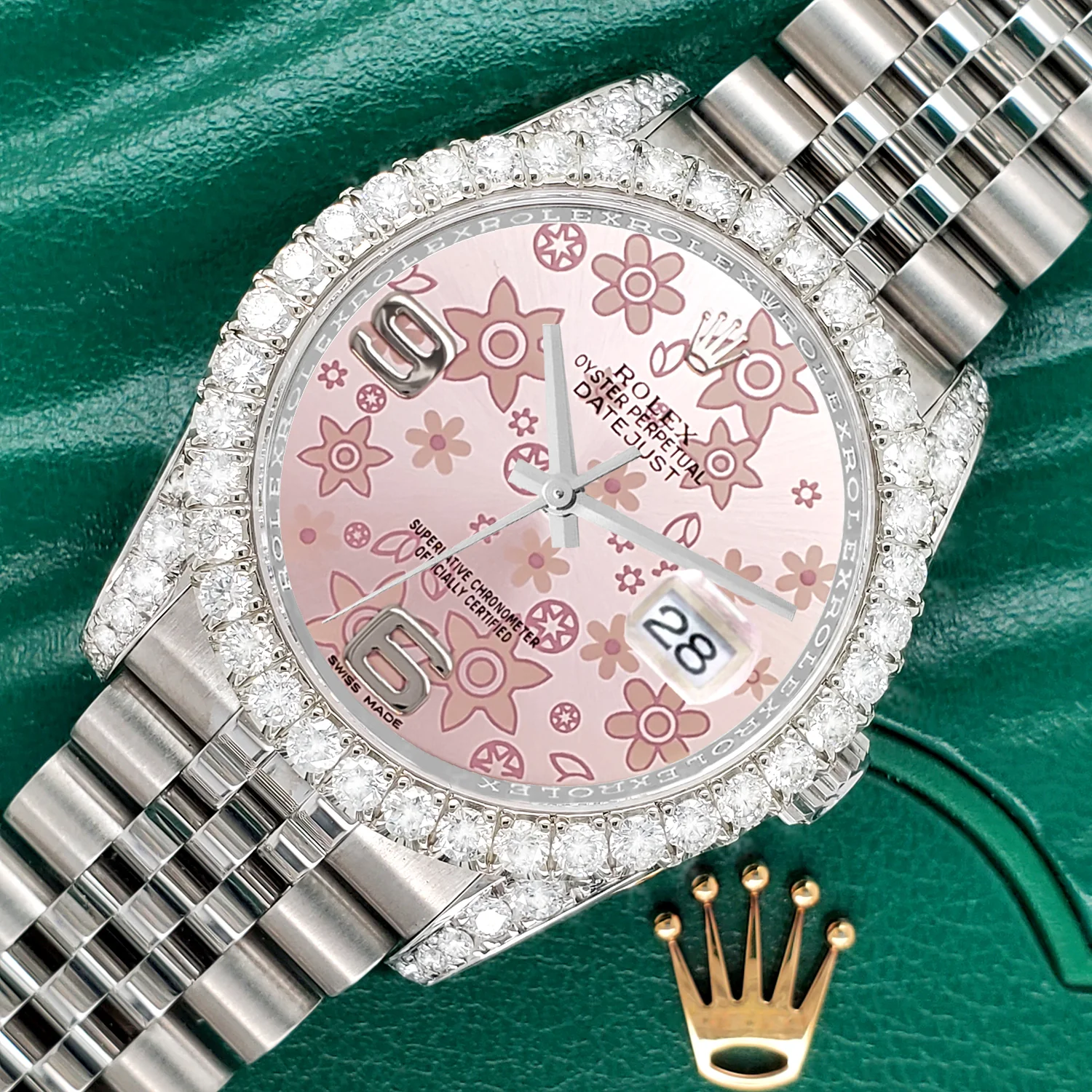 Rolex Datejust Pink Floral Dial 116200 36mm Steel Watch with 3.9CT Diamond Bezel/Lugs Box Papers