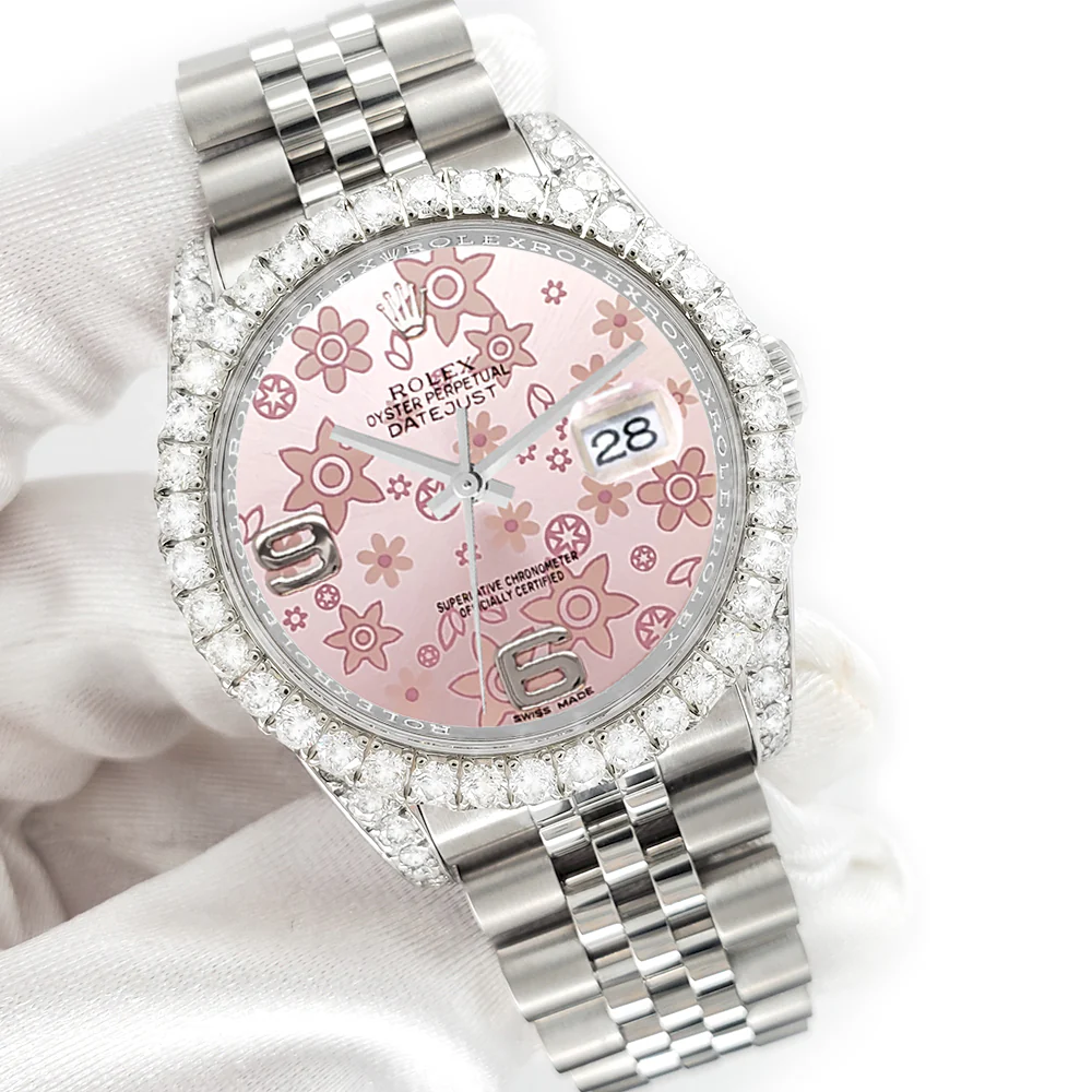 Rolex Datejust Pink Floral Dial 116200 36mm Steel Watch with 3.9CT Diamond Bezel/Lugs Box Papers - Image 7