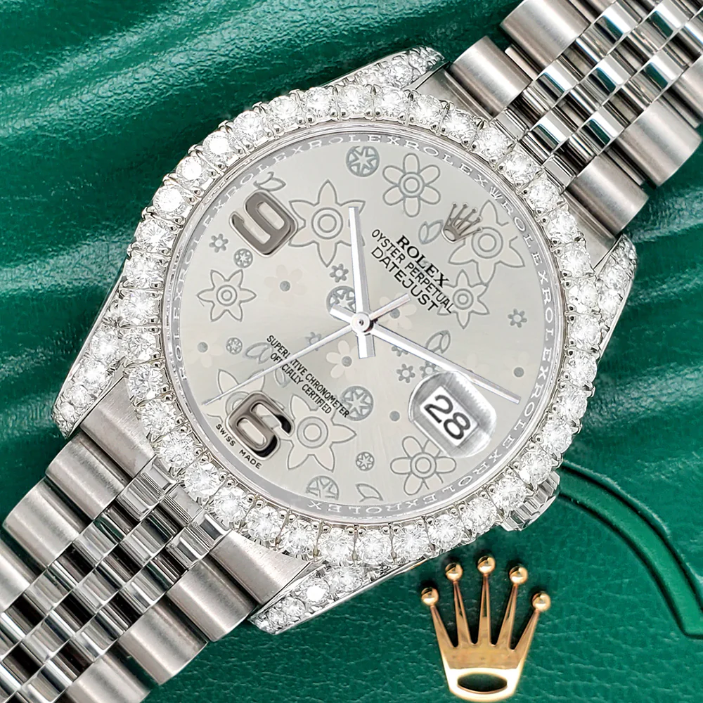 Rolex Datejust 116200 36mm 3.9CT Diamond Bezel/Lugs/Silver Floral Dial Steel Watch - Image 3