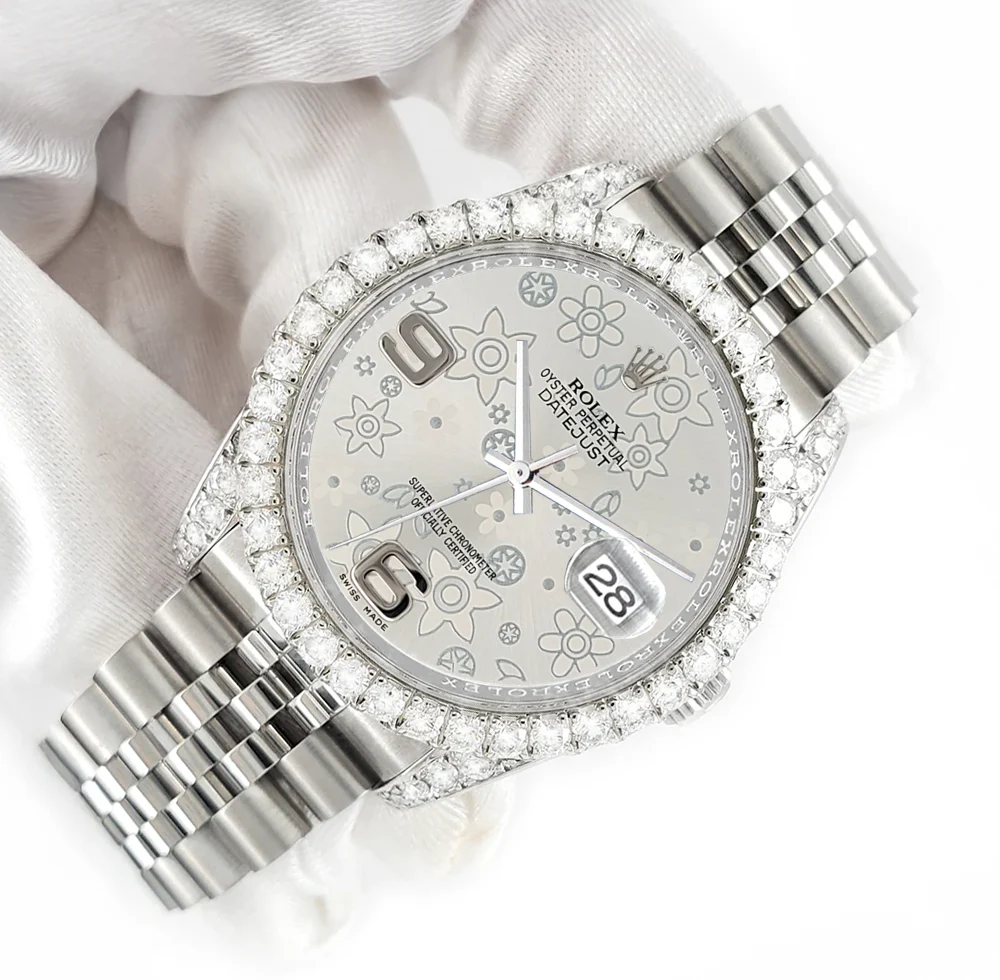 Rolex Datejust 116200 36mm 3.9CT Diamond Bezel/Lugs/Silver Floral Dial Steel Watch - Image 4