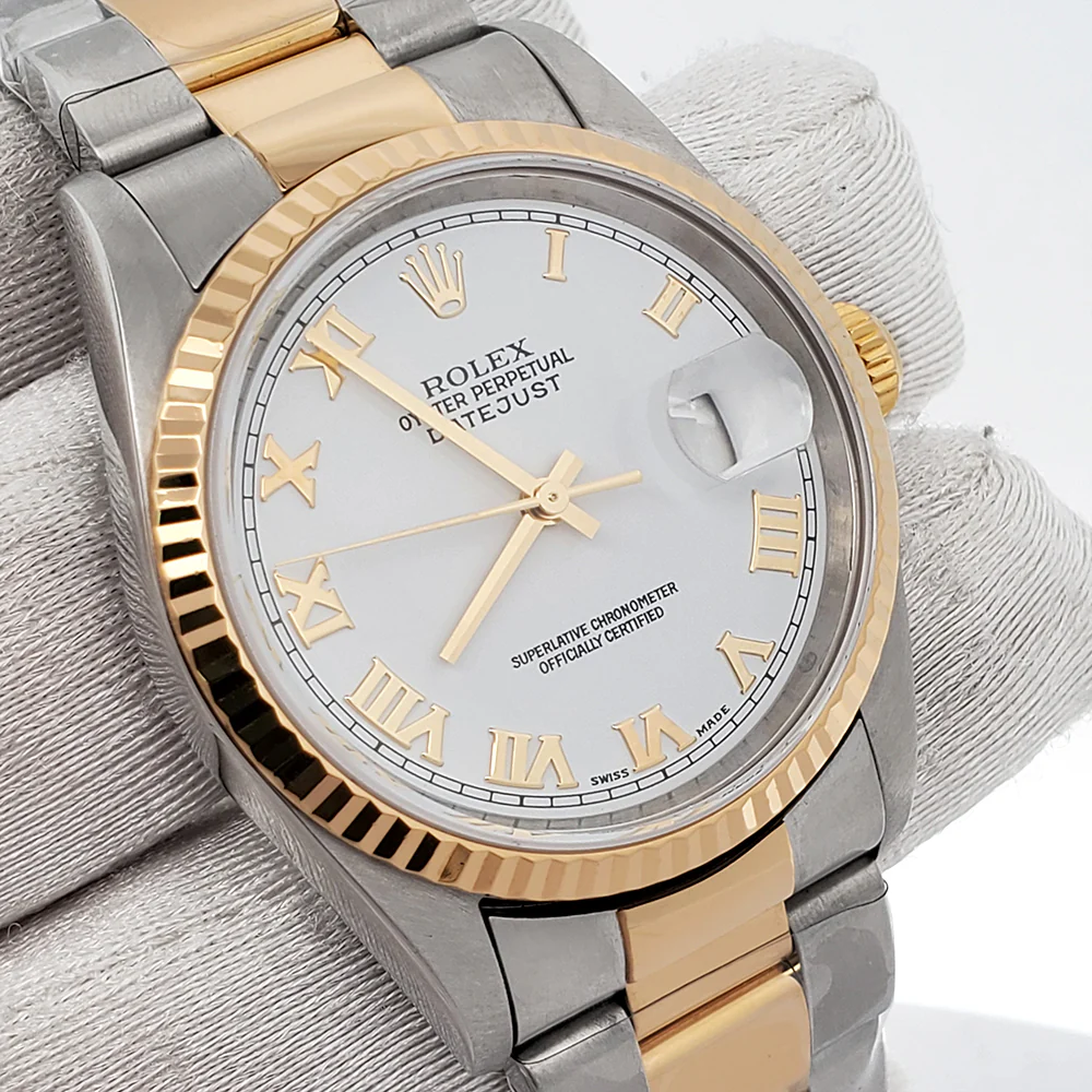 Rolex Datejust 16233 36mm White Roman Dial Yellow Gold And Steel Oyster Watch Box Papers - Image 2