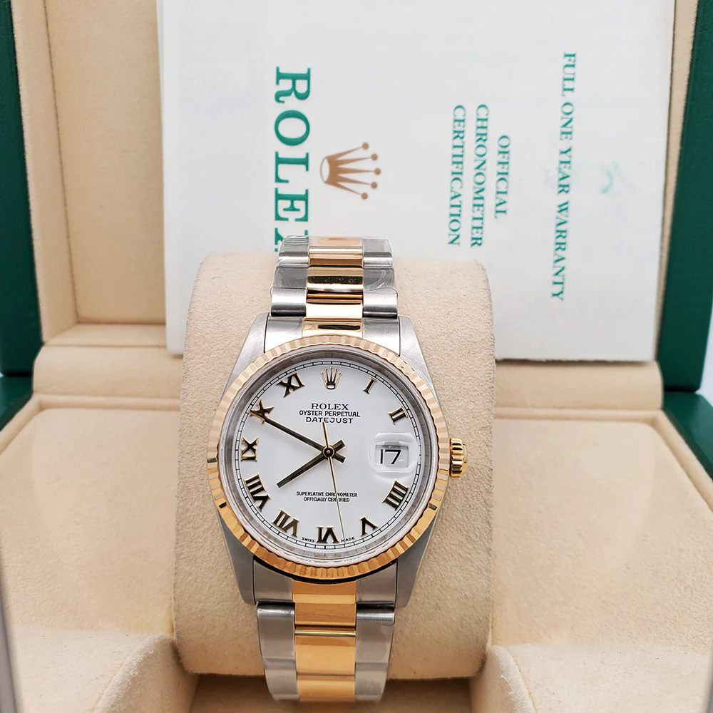 Rolex Datejust 16233 36mm White Roman Dial Yellow Gold And Steel Oyster Watch Box Papers - Image 3