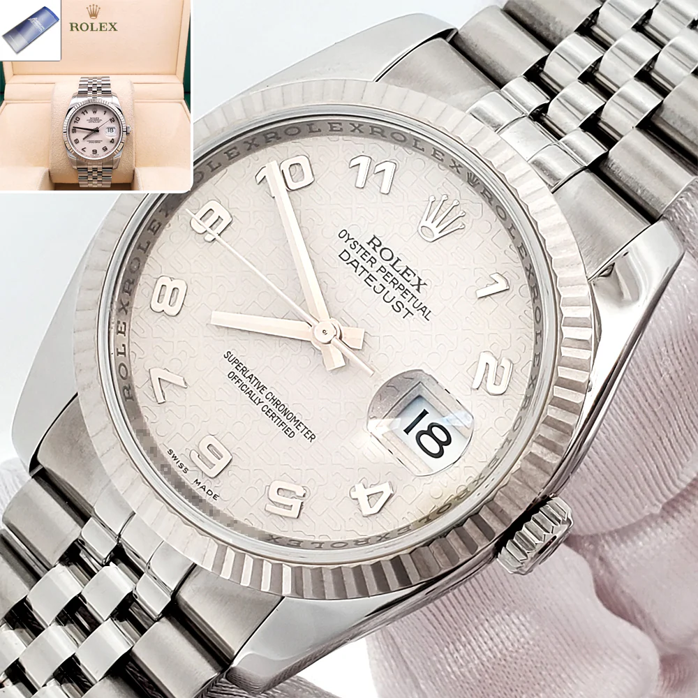 Rolex Datejust 116234 Cream Jubilee Dial White Gold Fluted Bezel Steel 36mm Watch