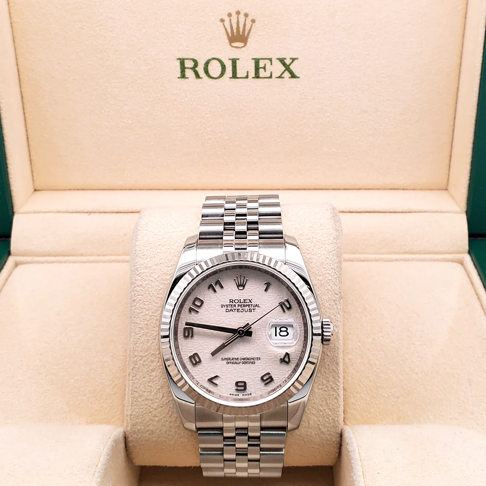 Rolex Datejust 116234 Cream Jubilee Dial White Gold Fluted Bezel Steel 36mm Watch - Image 3