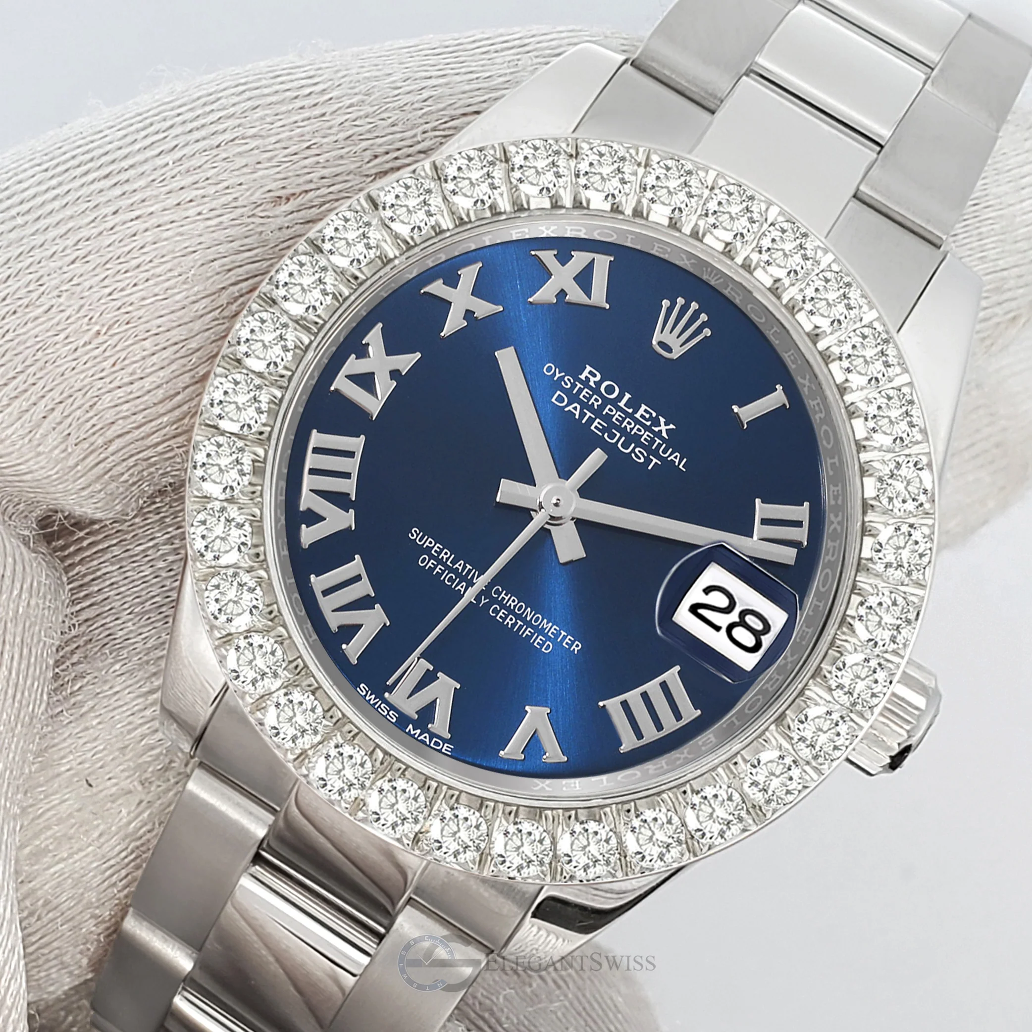 Rolex Datejust 178240 31mm Blue Roman Dial 2.25ct Diamond Bezel Steel Watch
