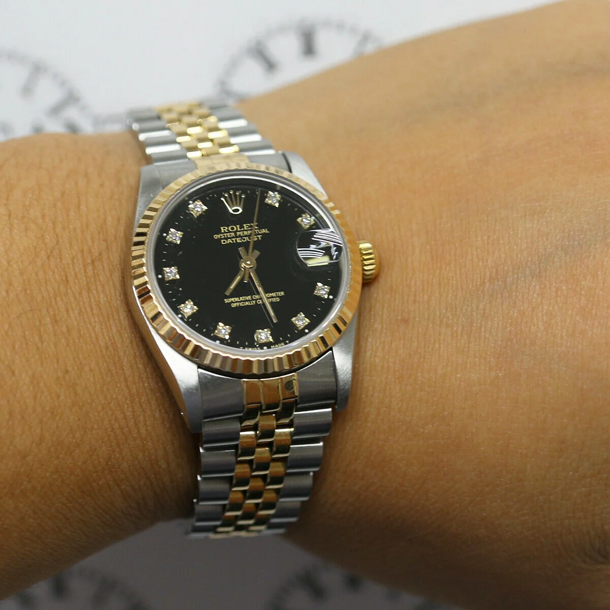 Rolex Datejust 2-tone 18k/SS 31mm Factory Black Diamond Dial Midsize Watch - Image 3