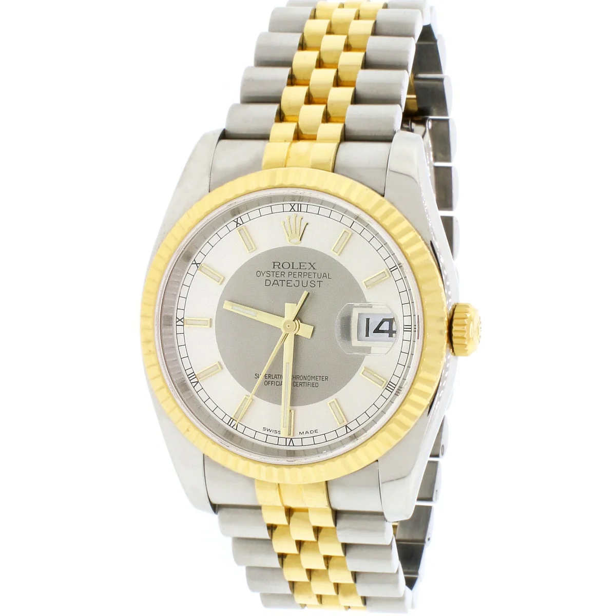 Rolex Datejust 2-Tone 18K Yellow Gold & Stainless Steel 36MM Steel & Grey Tuxedo Dial Automatic Mens Watch 116233 w/Box&Papers