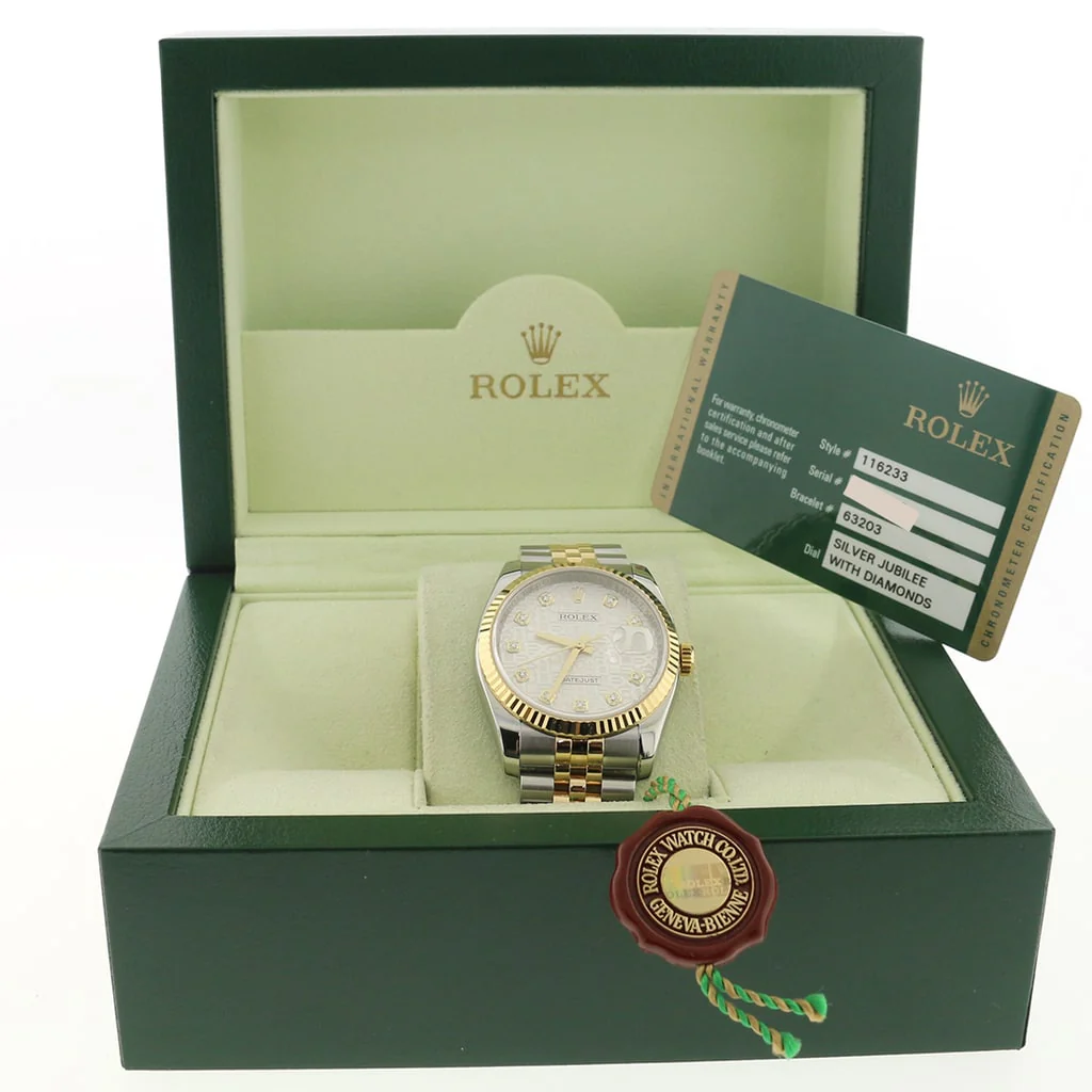 Rolex Datejust 2-Tone 18K Yellow Gold & Stainless Steel Factory Silver Jubilee Diamond Dial 36MM Automatic Mens Watch 116233 - Image 3
