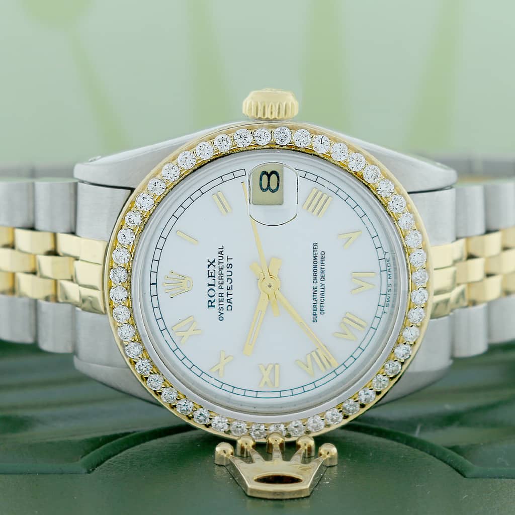 Rolex Datejust 2-Tone 18K Yellow Gold/Stainless Steel Original White Roman Dial 31mm Womens Jubilee Watch 68273 w/Diamond Bezel - Image 2