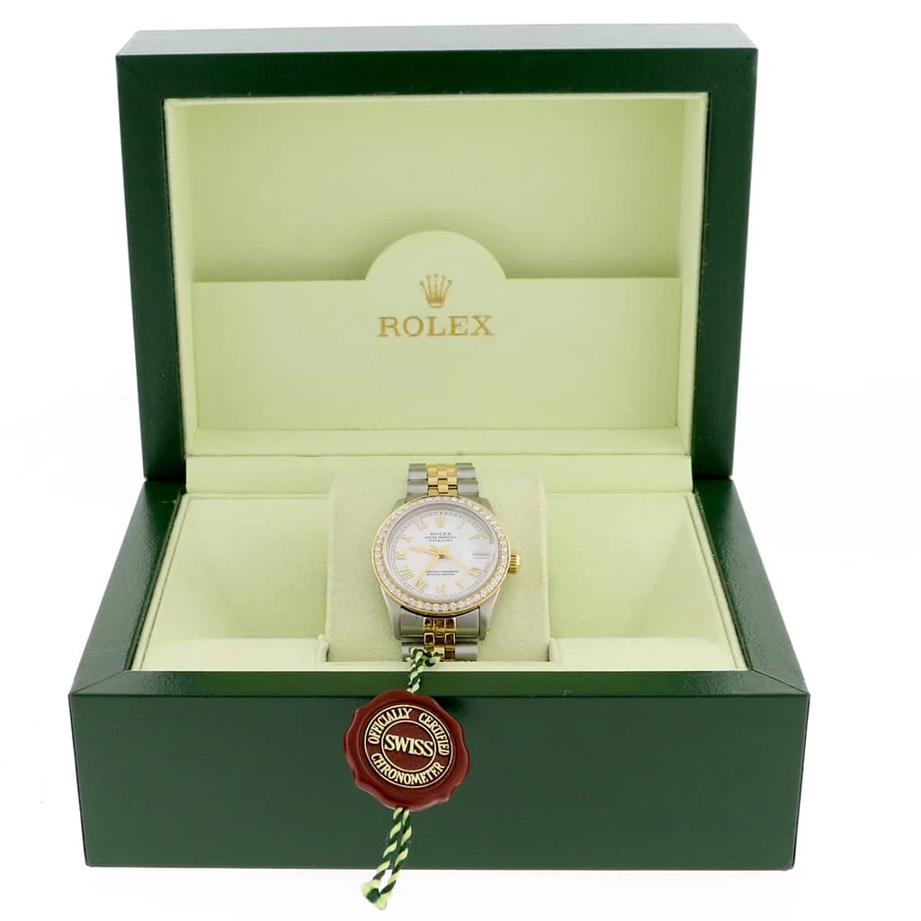 Rolex Datejust 2-Tone 18K Yellow Gold/Stainless Steel Original White Roman Dial 31mm Womens Jubilee Watch 68273 w/Diamond Bezel - Image 3