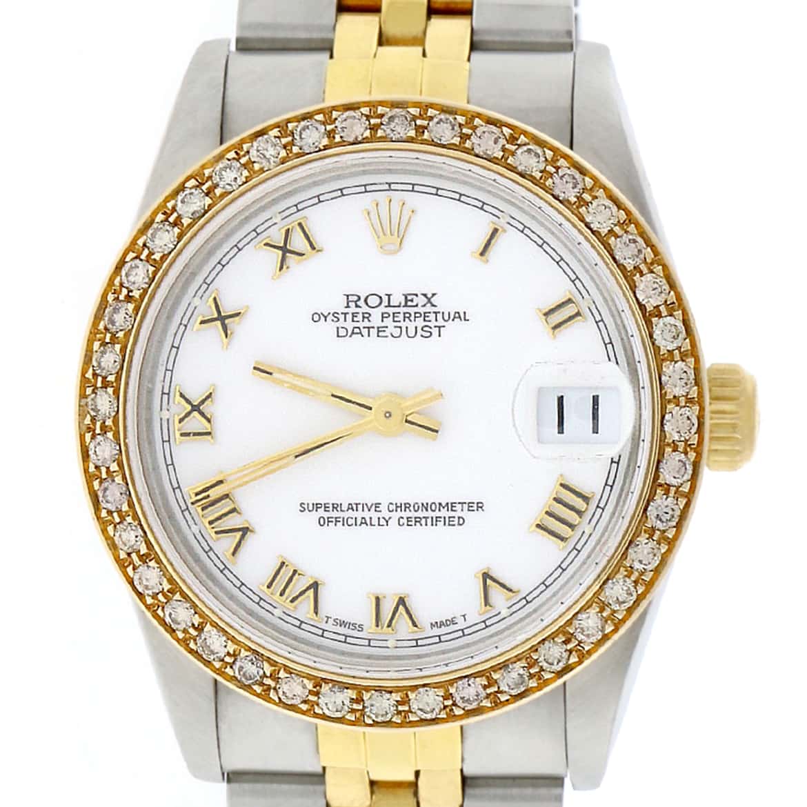 Rolex Datejust 2-Tone Gold/Steel Factory White Roman Dial Midsize 31mm Womens Jubilee Watch 68273 w/Diamond Bezel - Image 3