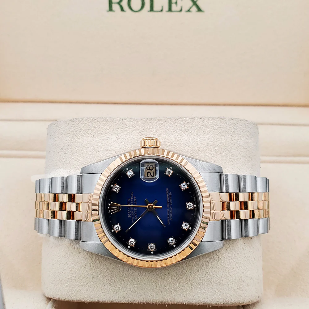 Rolex Datejust 2-Tone 31mm Factory Blue Vignette Diamond Dial Yellow Gold/Steel Watch 68273 - Image 3