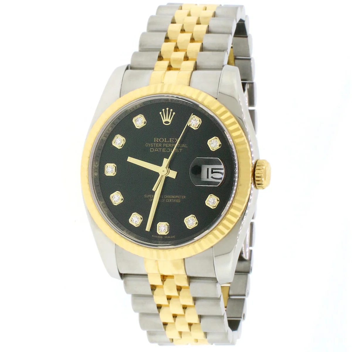 Rolex Datejust 2-Tone Yellow Gold/Steel Jubilee Factory Black Diamond Dial 36MM Automatic Mens Watch 116233