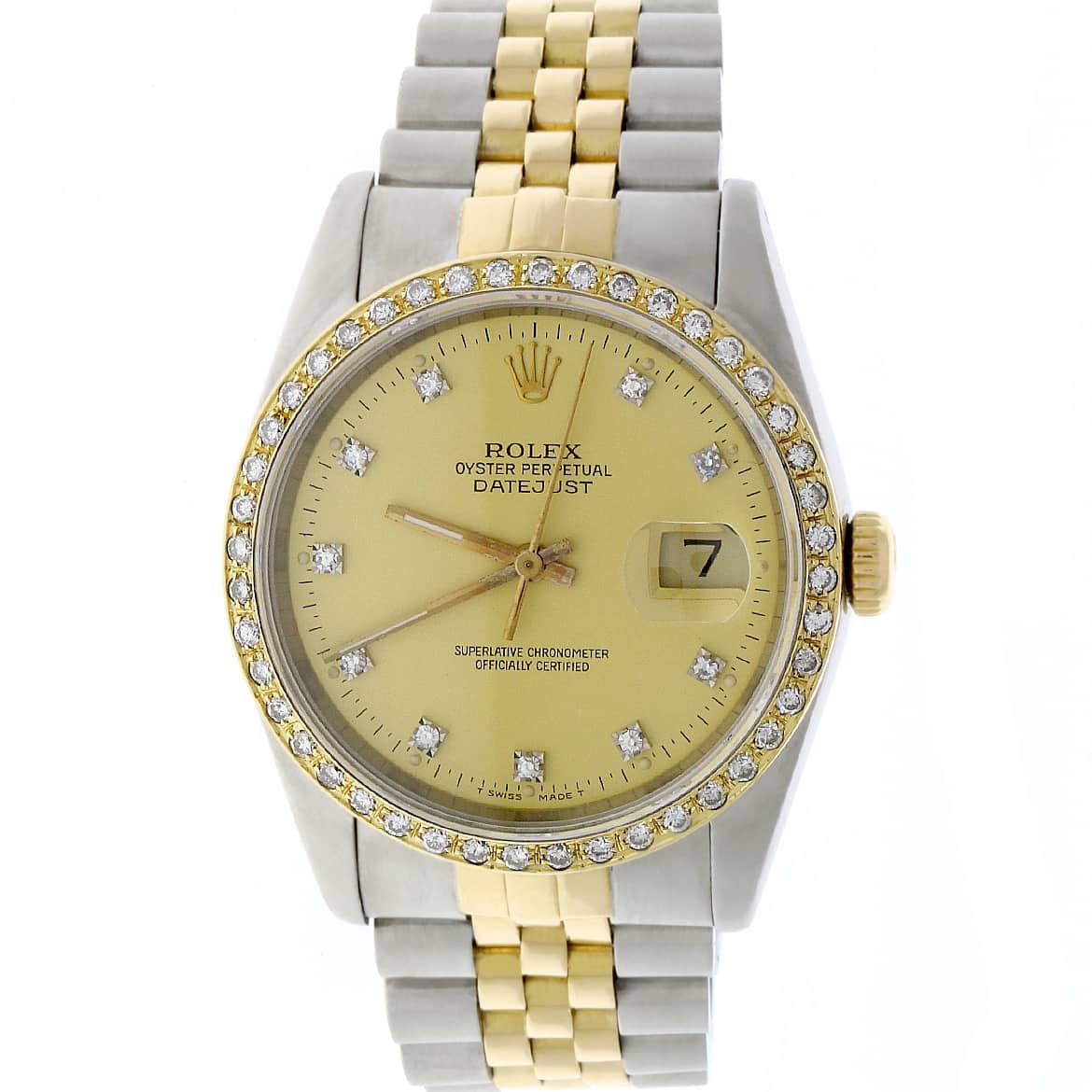 Rolex Datejust 2-Tone Yellow Gold/Steel Original Champagne Diamond Dial 36MM Automatic Jubilee Watch w/Diamond Bezel