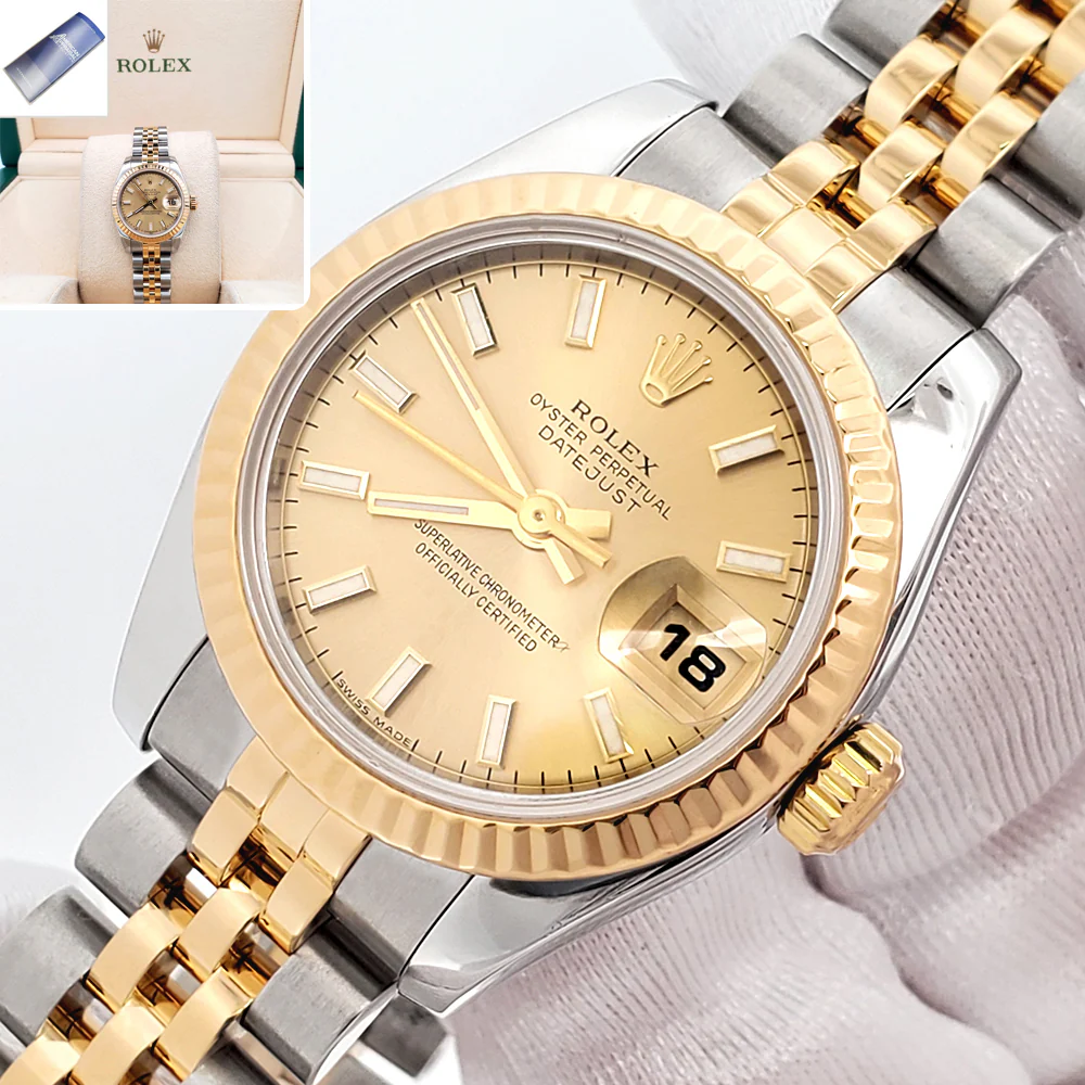 Rolex Datejust 26mm 179173 Champagne Index Dial Yellow Gold/Silver Watch Box/Apr