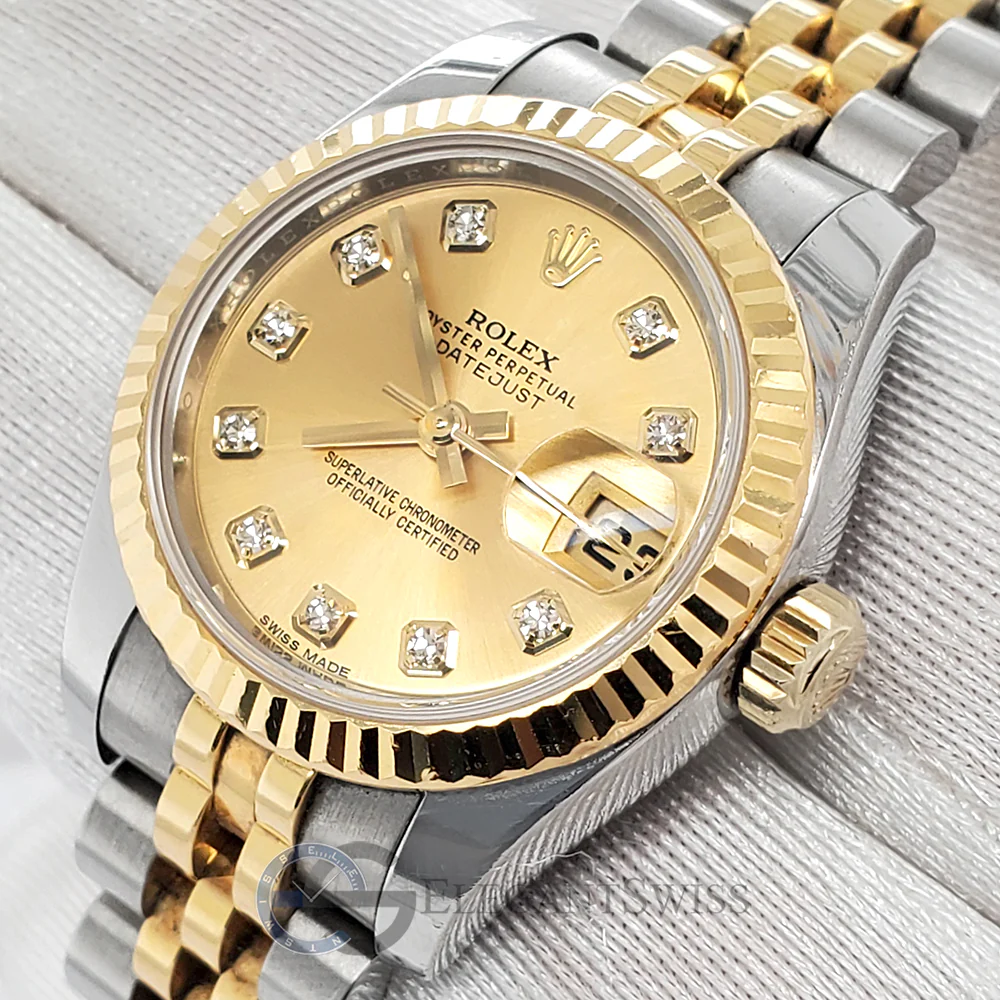 Rolex Datejust 26mm 179173 Factory Champagne Diamond Dial Yellow Gold Fluted Bezel Watch Box Papers