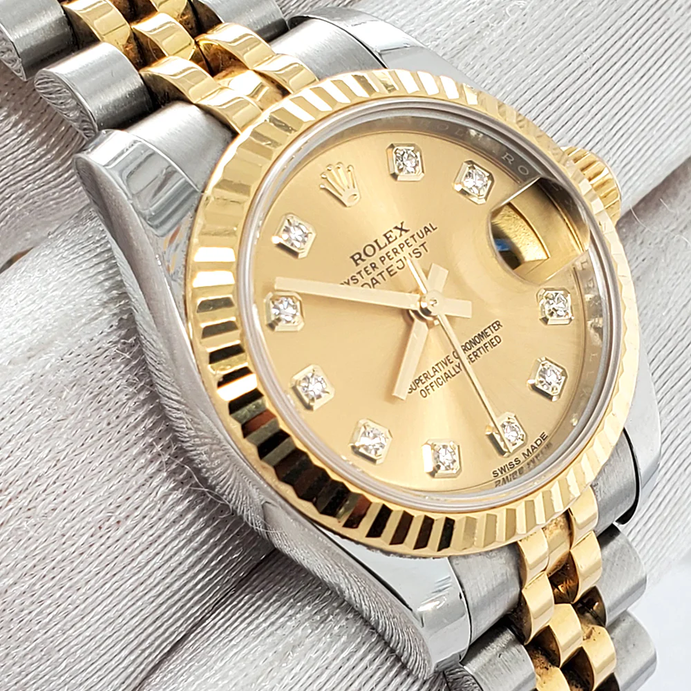 Rolex Datejust 26mm 179173 Factory Champagne Diamond Dial Yellow Gold Fluted Bezel Watch Box Papers - Image 2