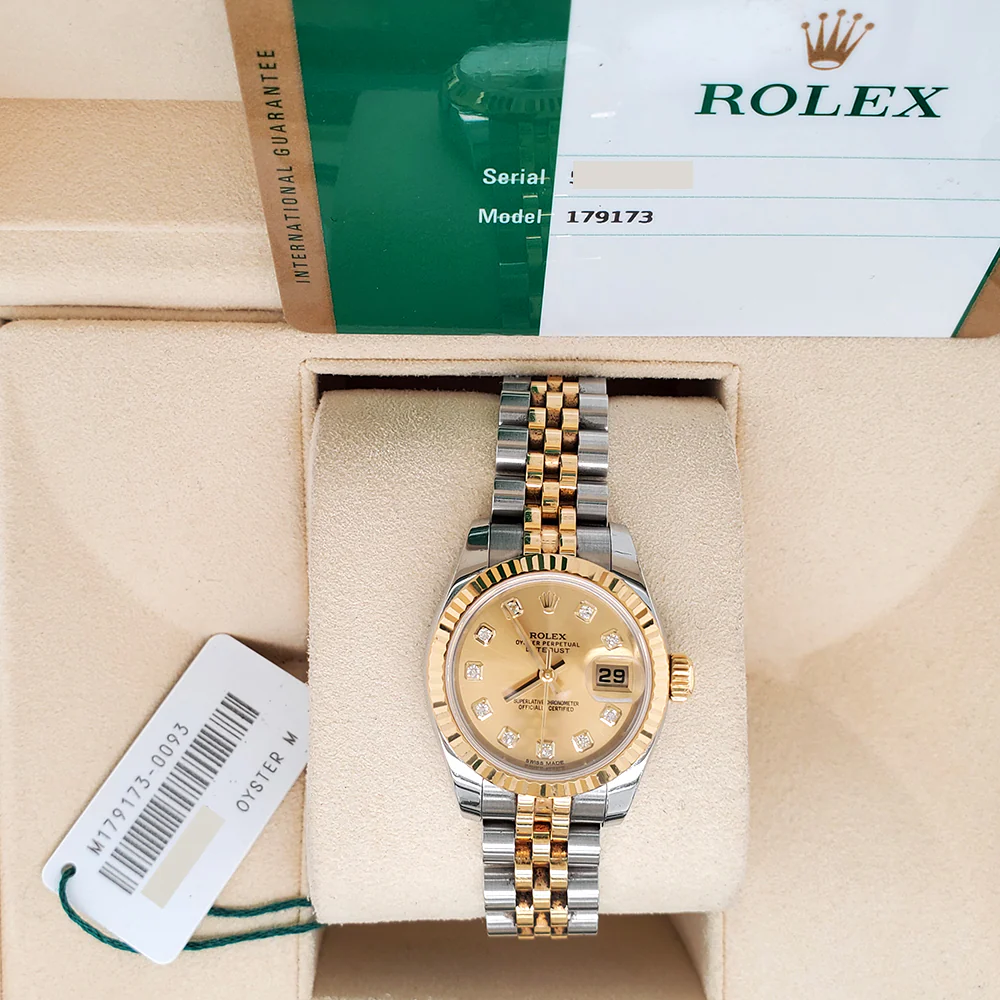 Rolex Datejust 26mm 179173 Factory Champagne Diamond Dial Yellow Gold Fluted Bezel Watch Box Papers - Image 3