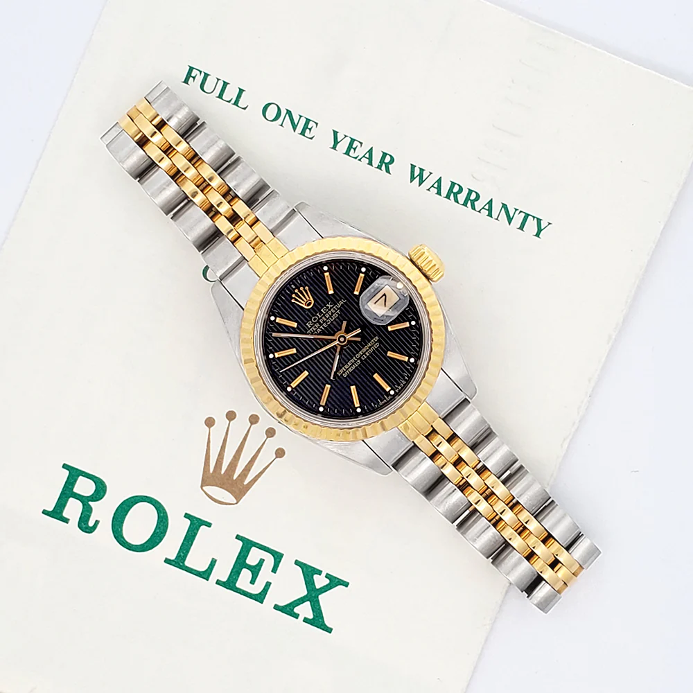 Rolex Datejust 26mm 2-Tone Yellow Gold/Steel Black Tapestry Dial Jubilee Watch 69173 Papers - Image 3