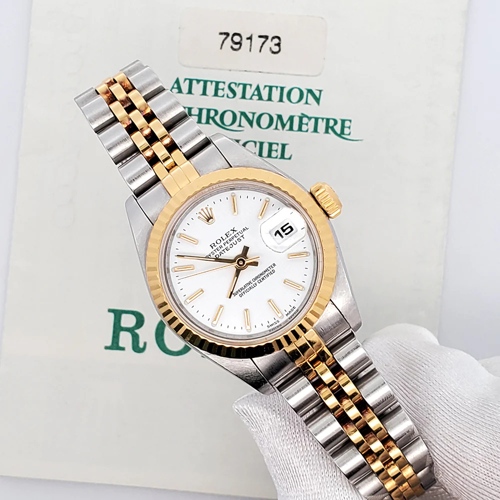 Rolex Datejust 26mm 79173 White Index Dial 2-Tone Yellow Gold Fluted Jubilee Watch Papers - Image 2