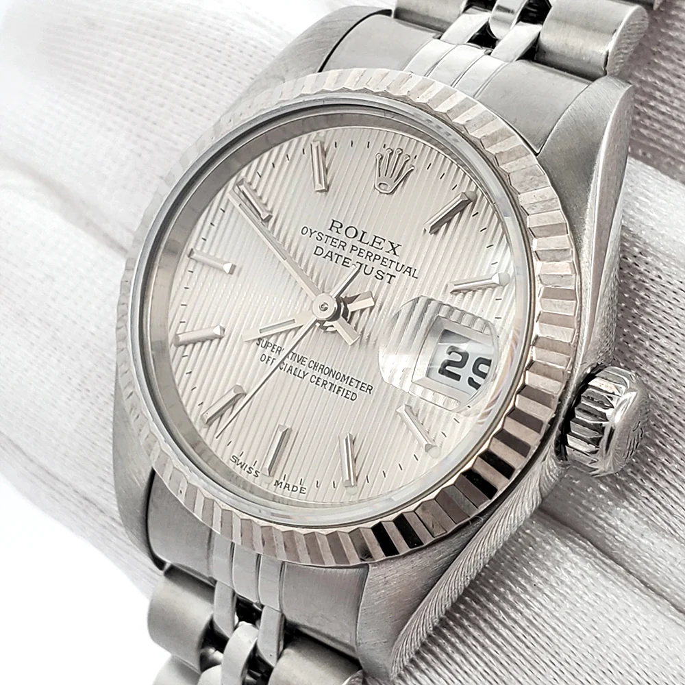 Rolex Datejust 26mm 79174 Silver Tapestry Dial Fluted Bezel Steel Watch