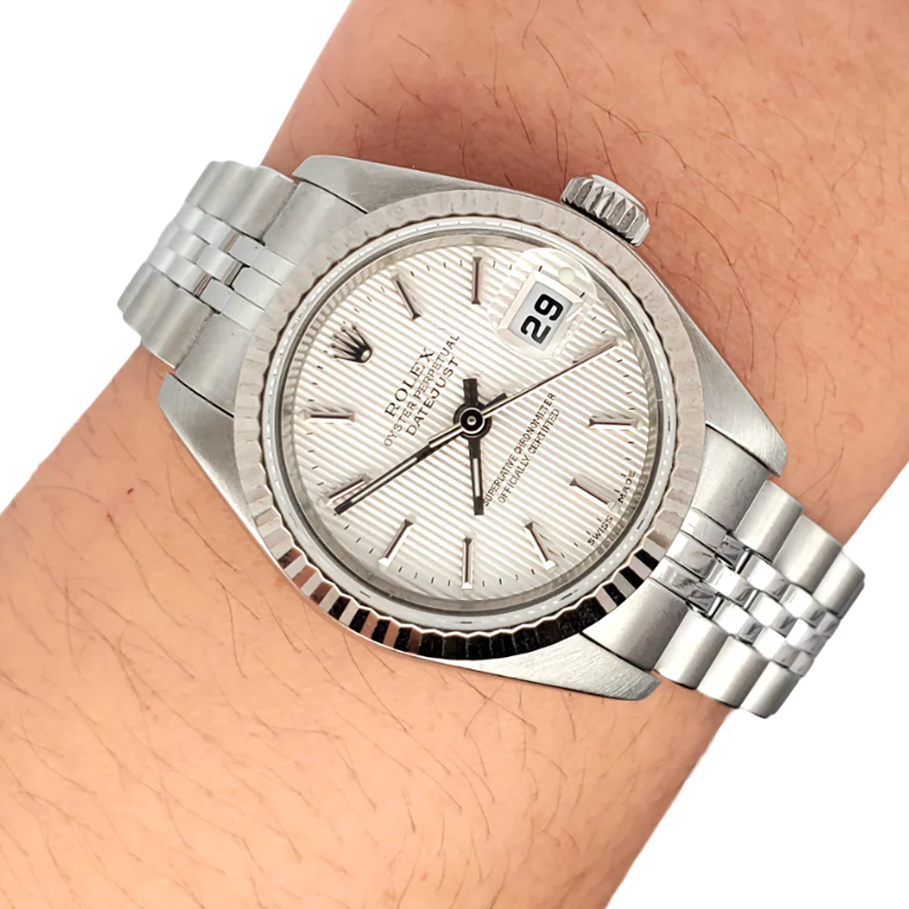 Rolex Datejust 26mm 79174 Silver Tapestry Dial Fluted Bezel Steel Watch - Image 4