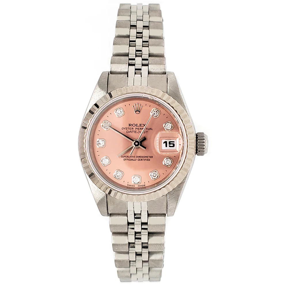 Rolex Datejust 26mm Factory Salmon Diamond Dial/White Gold Fluted Bezel/Steel Jubilee Watch 69174