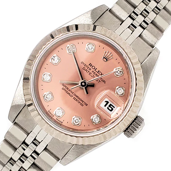 Rolex Datejust 26mm Factory Salmon Diamond Dial/White Gold Fluted Bezel/Steel Jubilee Watch 69174 - Image 2