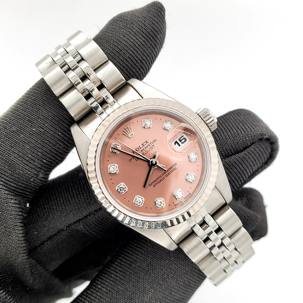 Rolex Datejust 26mm Factory Salmon Diamond Dial/White Gold Fluted Bezel/Steel Jubilee Watch 69174 - Image 6
