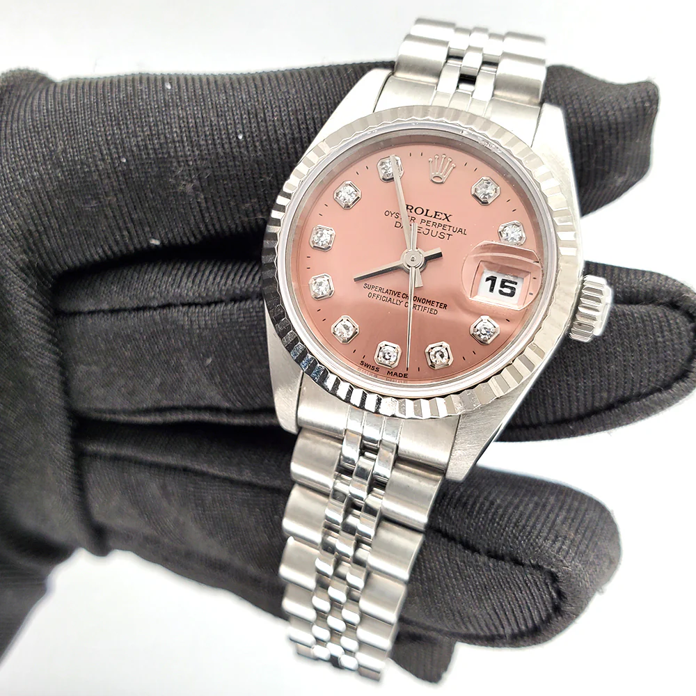 Rolex Datejust 26mm Factory Salmon Diamond Dial/White Gold Fluted Bezel/Steel Jubilee Watch 69174 - Image 7