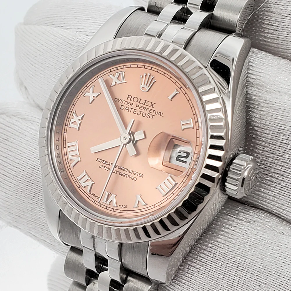 Rolex Datejust 26mm Salmon Roman White Gold Fluted Bezel Steel Jubilee Watch 179174