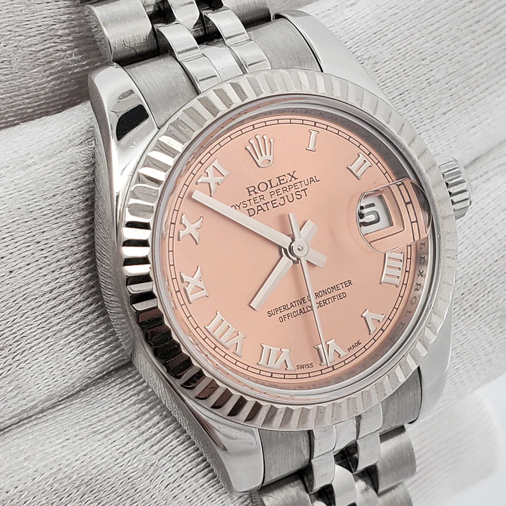 Rolex Datejust 26mm Salmon Roman White Gold Fluted Bezel Steel Jubilee Watch 179174 - Image 2