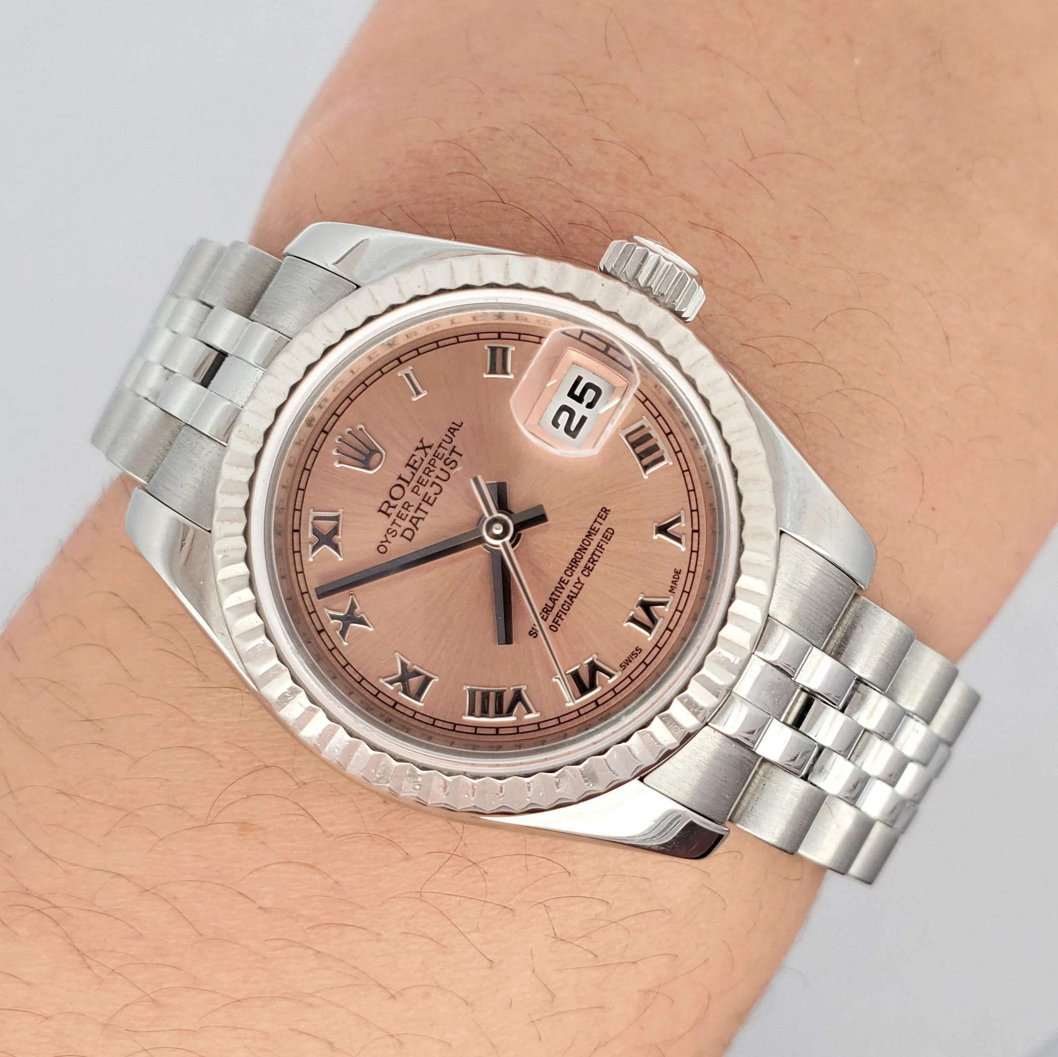 Rolex Datejust 26mm Salmon Roman White Gold Fluted Bezel Steel Jubilee Watch 179174 - Image 3